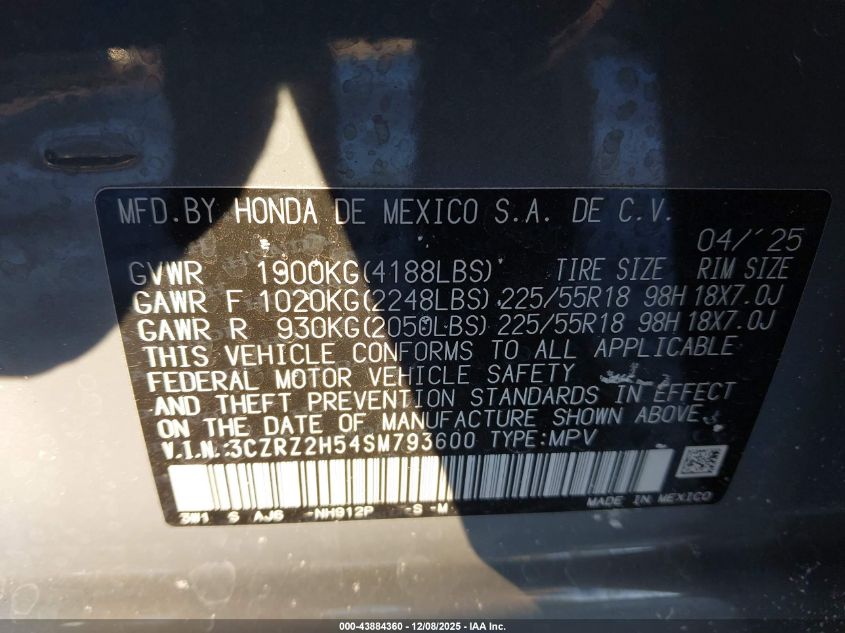 2025 Honda Hr-V Awd Sport VIN: 3CZRZ2H54SM793600 Lot: 43884360