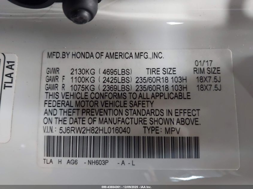 2017 Honda Cr-V Ex-L/Ex-L Navi VIN: 5J6RW2H82HL016040 Lot: 43884361