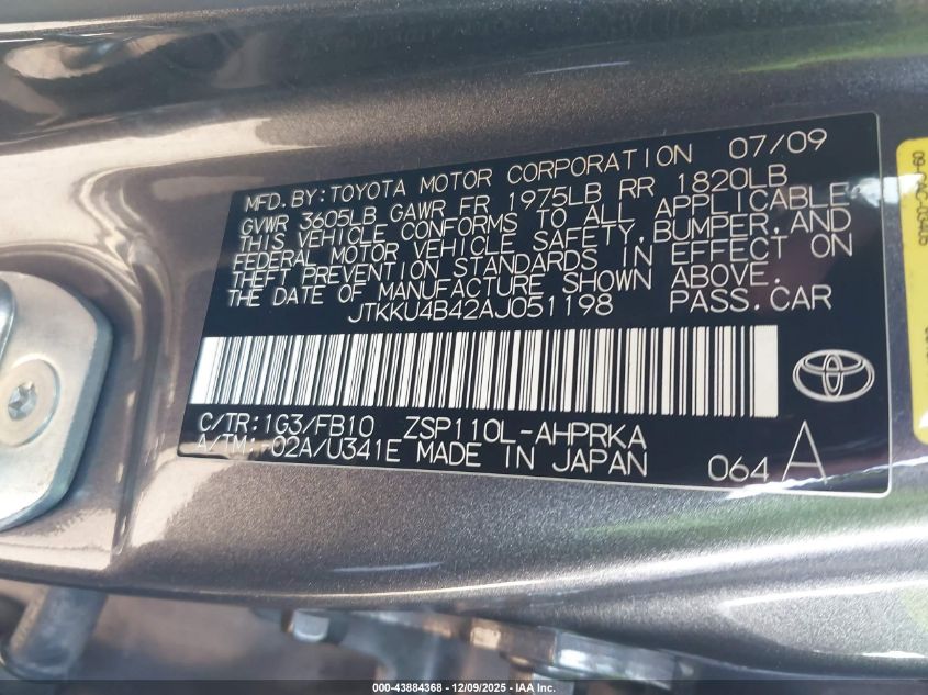 2010 Scion Xd VIN: JTKKU4B42AJ051198 Lot: 43884368