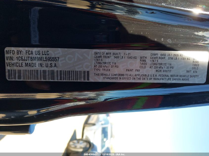 2021 Jeep Gladiator Rubicon 4X4 VIN: 1C6JJTBM9ML595557 Lot: 43884371