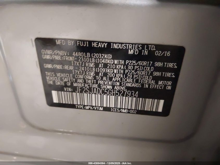 2016 Subaru Forester 2.5I Premium VIN: JF2SJADC5GH527934 Lot: 43884384