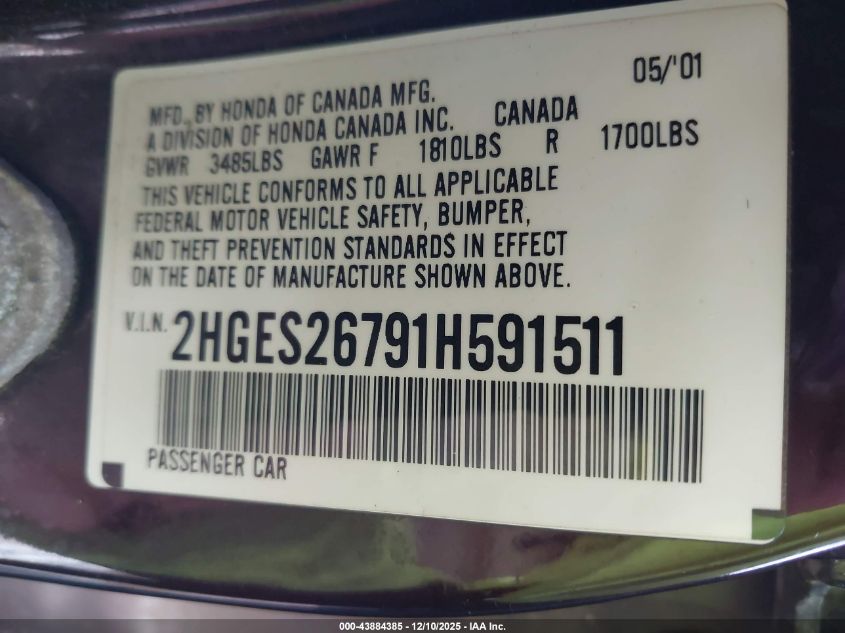 2001 Honda Civic Ex VIN: 2HGES26791H591511 Lot: 43884385