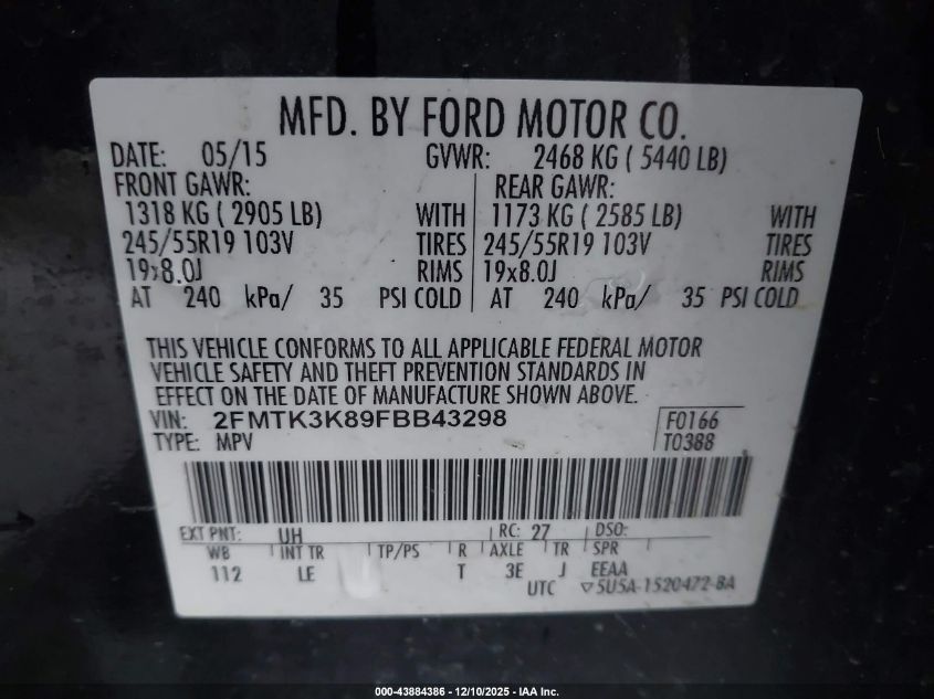 2015 Ford Edge Titanium VIN: 2FMTK3K89FBB43298 Lot: 43884386