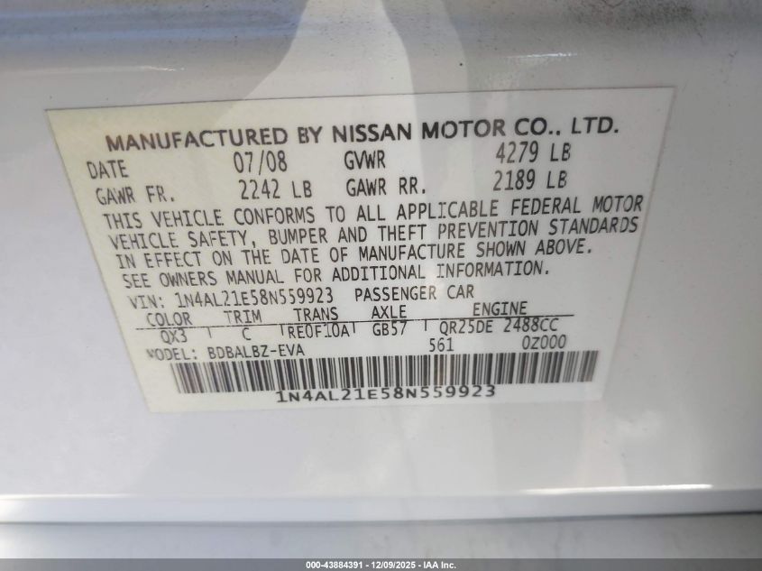 2008 Nissan Altima 2.5 S VIN: 1N4AL21E58N559923 Lot: 43884391