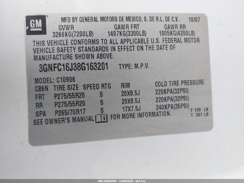 2008 Chevrolet Suburban 1500 Ltz VIN: 3GNFC16J38G163201 Lot: 43884395