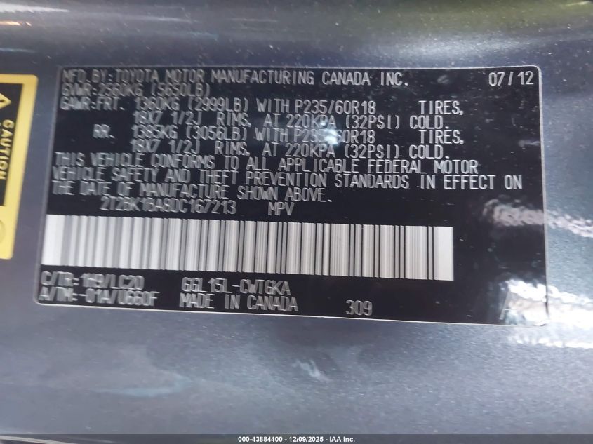 2013 Lexus Rx 350 VIN: 2T2BK1BA8DC167213 Lot: 43884400