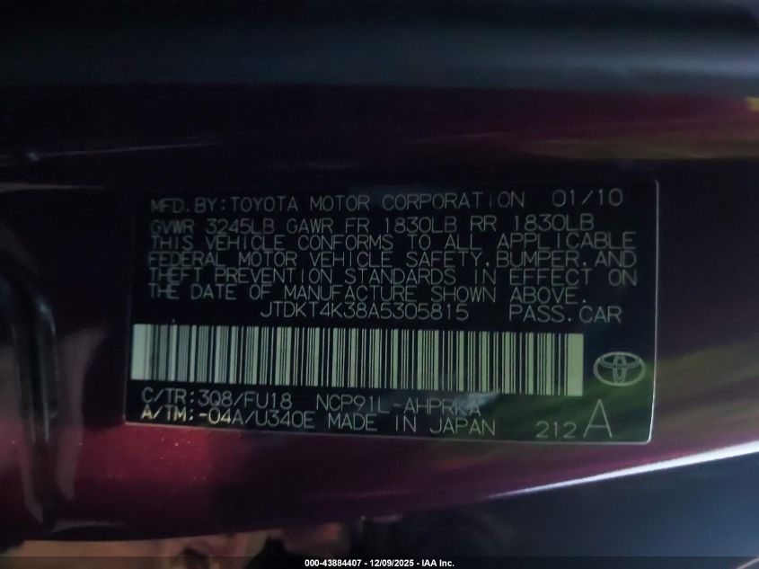 2010 Toyota Yaris VIN: JTDKT4K38A5305815 Lot: 43884407