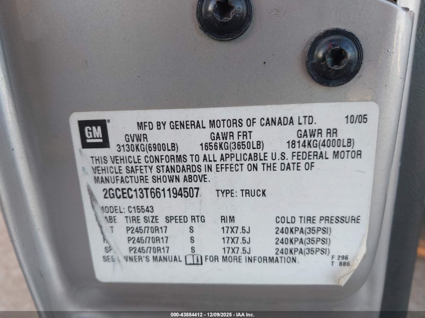 2006 Chevrolet Silverado 1500 Lt1 VIN: 2GCEC13T661194507 Lot: 43884412