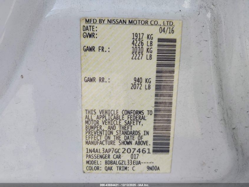2016 Nissan Altima 2.5/2.5 S/2.5 Sl/2.5 Sr/2.5 Sv VIN: 1N4AL3AP7GC207461 Lot: 43884421