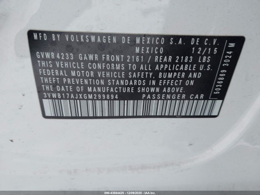 2016 Volkswagen Jetta 1.8T Sport VIN: 3VWB17AJXGM299894 Lot: 43884425