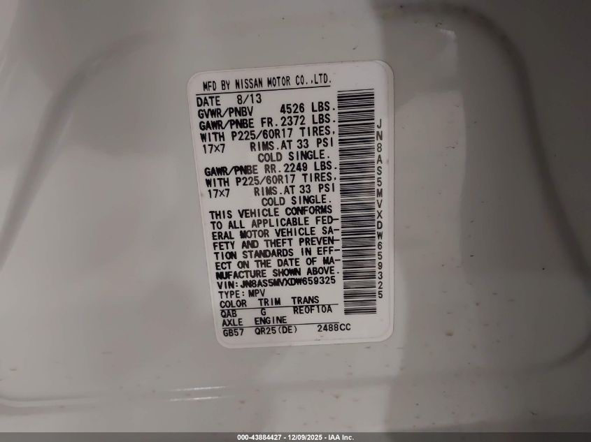 2013 Nissan Rogue Sv VIN: JN8AS5MVXDW659325 Lot: 43884427