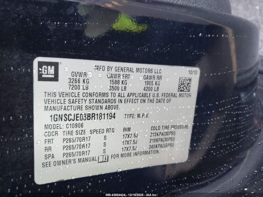 2011 Chevrolet Suburban 1500 Lt1 VIN: 1GNSCJE03BR181194 Lot: 43884434