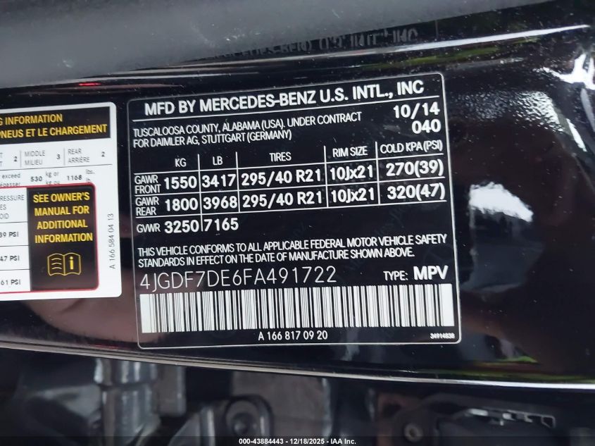 2015 Mercedes-Benz Gl 550 4Matic VIN: 4JGDF7DE6FA491722 Lot: 43884443