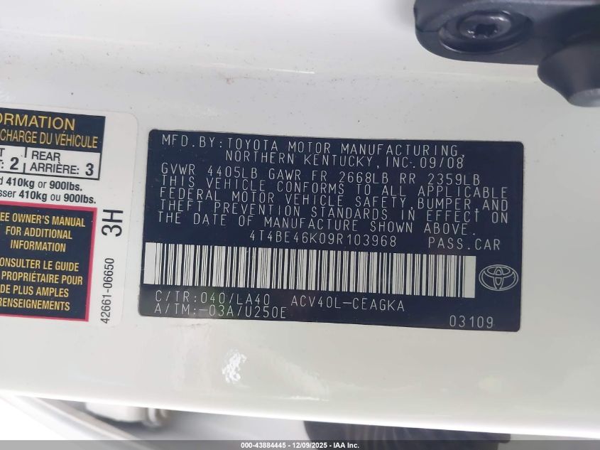 2009 Toyota Camry Xle VIN: 4T4BE46K09R103968 Lot: 43884445