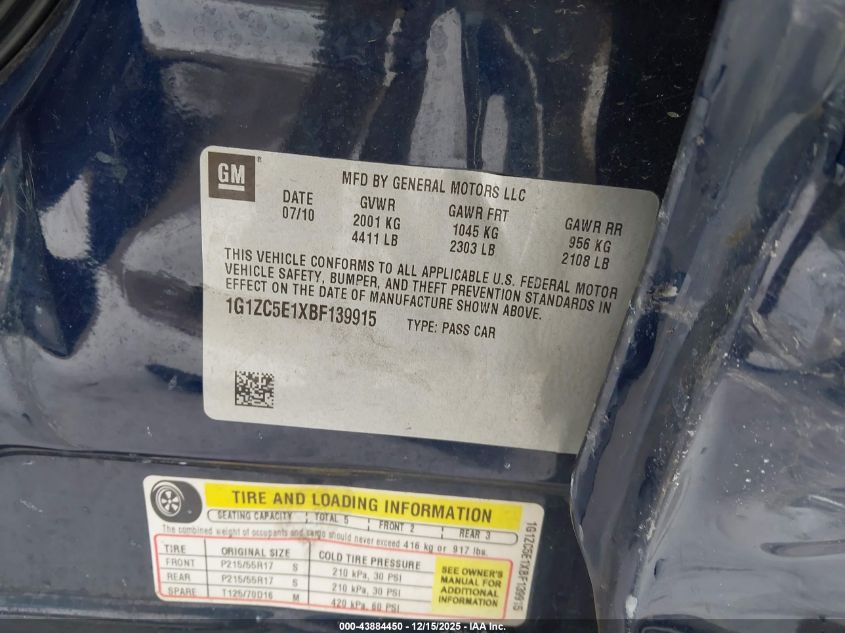 2011 Chevrolet Malibu 1Lt VIN: 1G1ZC5E1XBF139915 Lot: 43884450