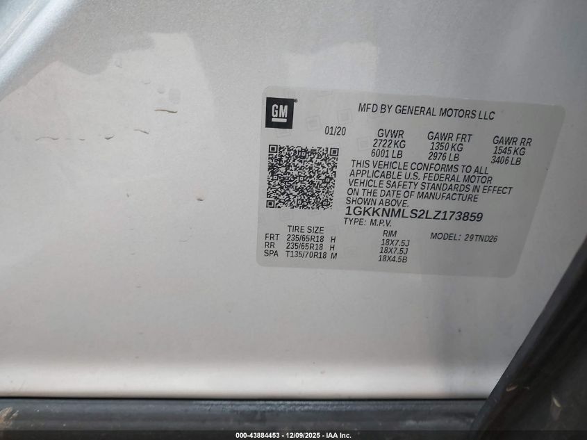 2020 GMC Acadia Fwd Slt VIN: 1GKKNMLS2LZ173859 Lot: 43884453