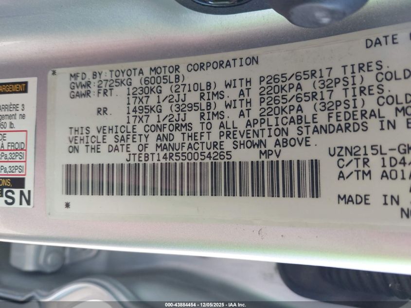2005 Toyota 4Runner Sr5 Sport V8 VIN: JTEBT14R550054265 Lot: 43884454