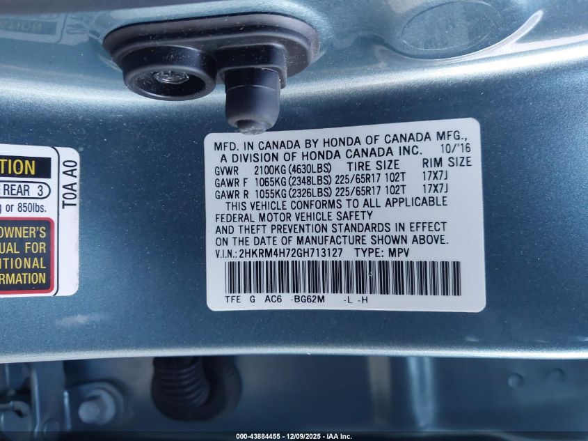 2016 Honda Cr-V Ex-L VIN: 2HKRM4H72GH713127 Lot: 43884455