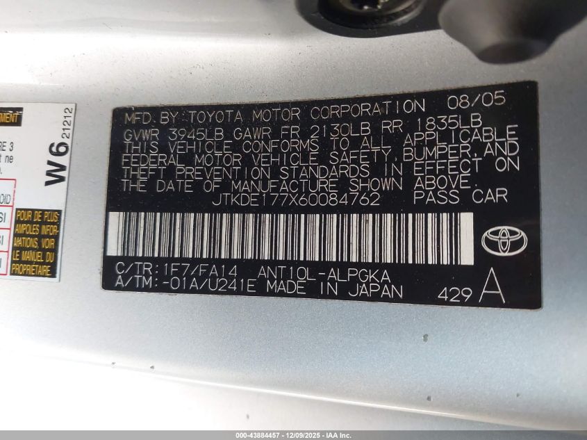 2006 Scion Tc VIN: JTKDE177X60084762 Lot: 43884457