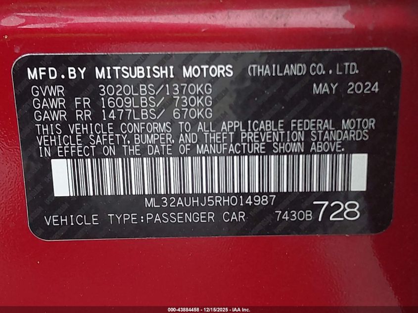 2024 Mitsubishi Mirage Es/Le VIN: ML32AUHJ5RH014987 Lot: 43884458