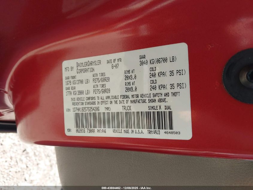 2007 Dodge Ram 1500 Slt VIN: 1D7HA18257S254206 Lot: 43884462