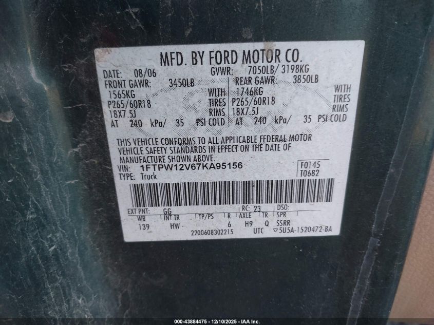 2007 Ford F-150 Lariat/Xlt VIN: 1FTPW12V67KA95156 Lot: 43884475
