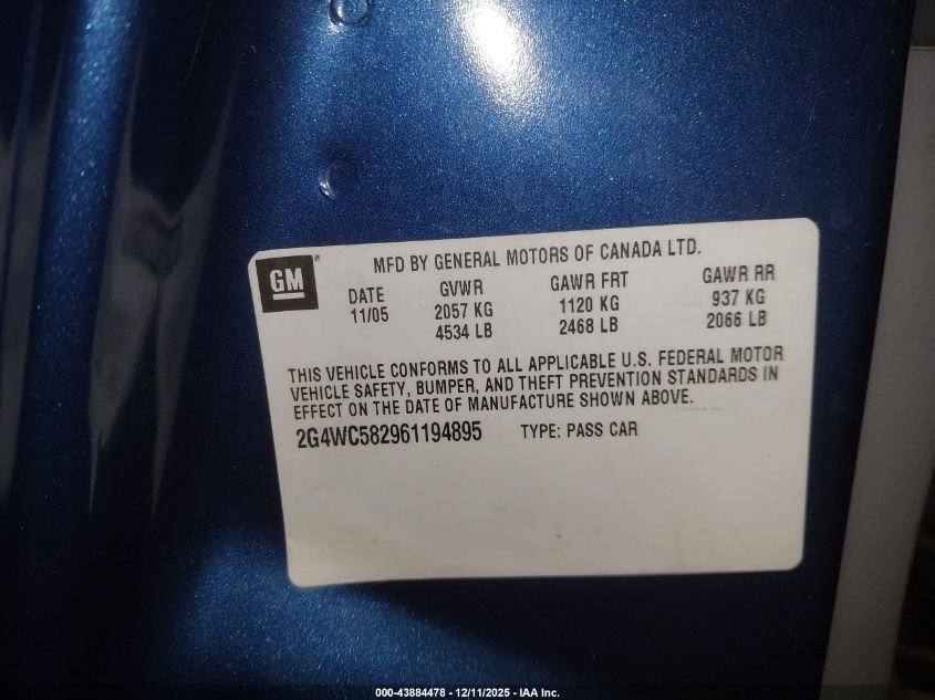 2006 Buick Lacrosse Cx VIN: 2G4WC582961194895 Lot: 43884478