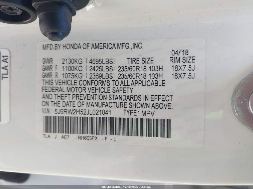 2018 Honda Cr-V Ex VIN: 5J6RW2H52JL021041 Lot: 43884484