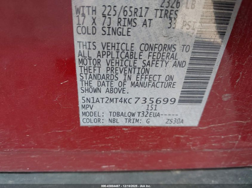 2019 Nissan Rogue Sv VIN: 5N1AT2MT4KC735699 Lot: 43884487