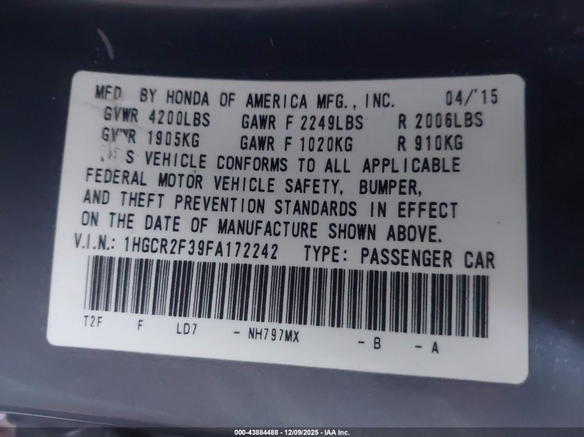 2015 Honda Accord Lx VIN: 1HGCR2F39FA172242 Lot: 43884488