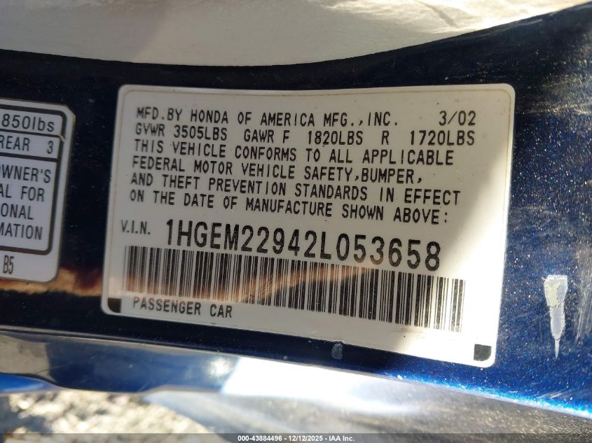 2002 Honda Civic Ex VIN: 1HGEM22942L053658 Lot: 43884496