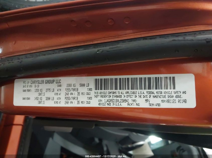 2010 Jeep Wrangler Sahara VIN: 1J4GA5D16AL230941 Lot: 43884497