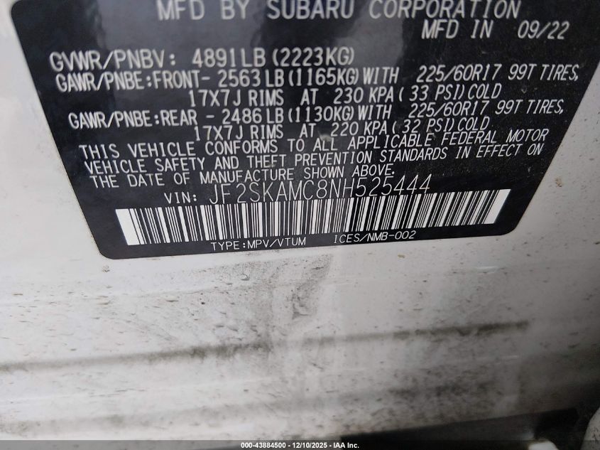 2022 Subaru Forester Wilderness VIN: JF2SKAMC8NH525444 Lot: 43884500