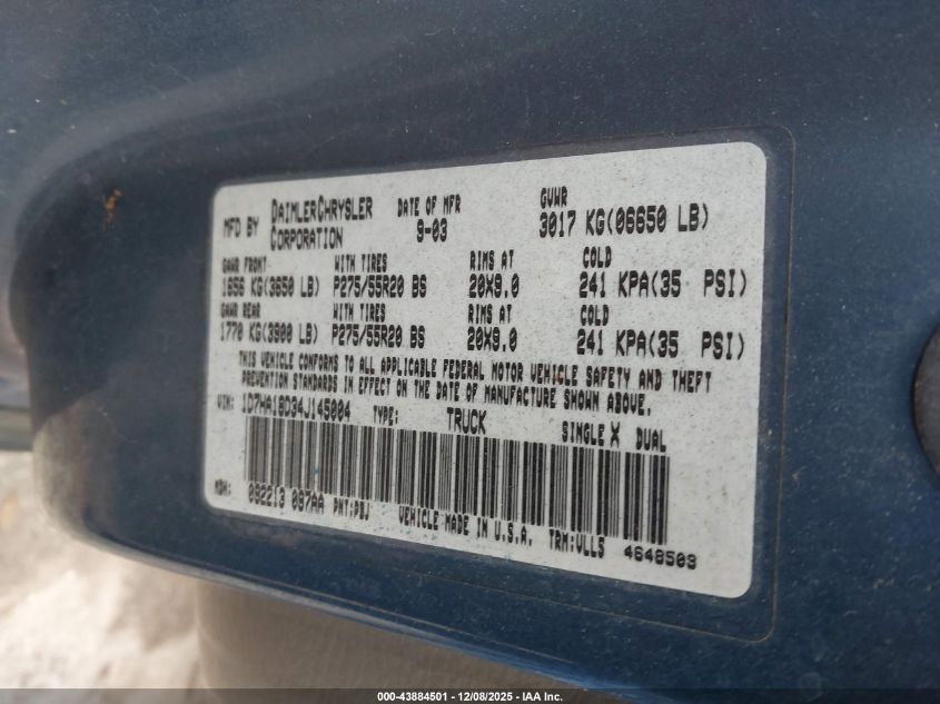 2004 Dodge Ram 1500 Slt/Laramie VIN: 1D7HA18D34J145004 Lot: 43884501