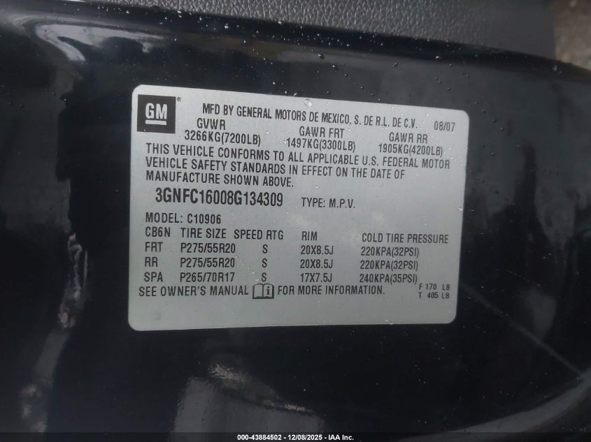 2008 Chevrolet Suburban 1500 Lt VIN: 3GNFC16008G134309 Lot: 43884502