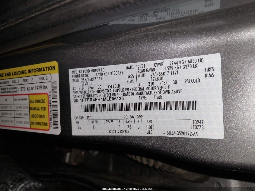 2021 Ford Ranger Xlt VIN: 1FTER4FH4MLE06125 Lot: 43884503