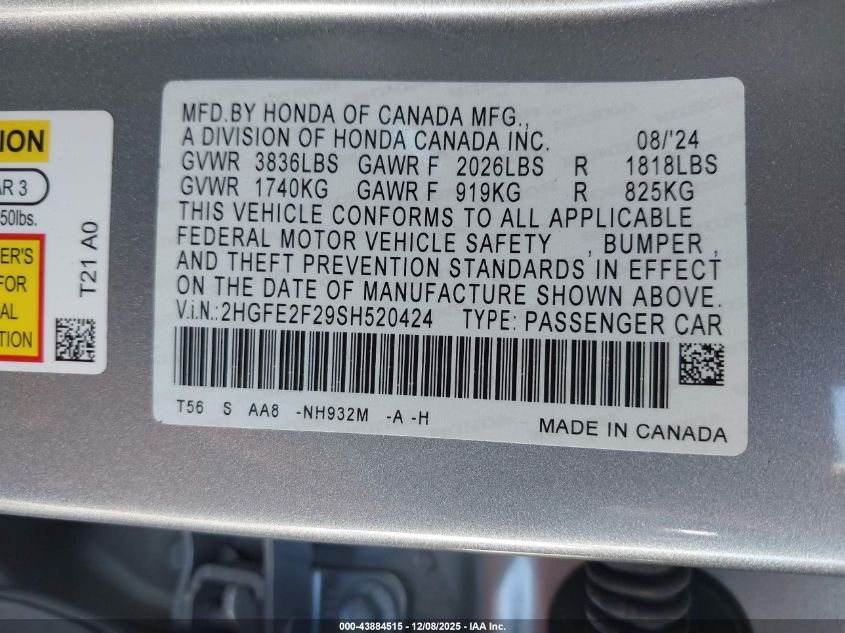 2025 Honda Civic Lx VIN: 2HGFE2F29SH520424 Lot: 43884515