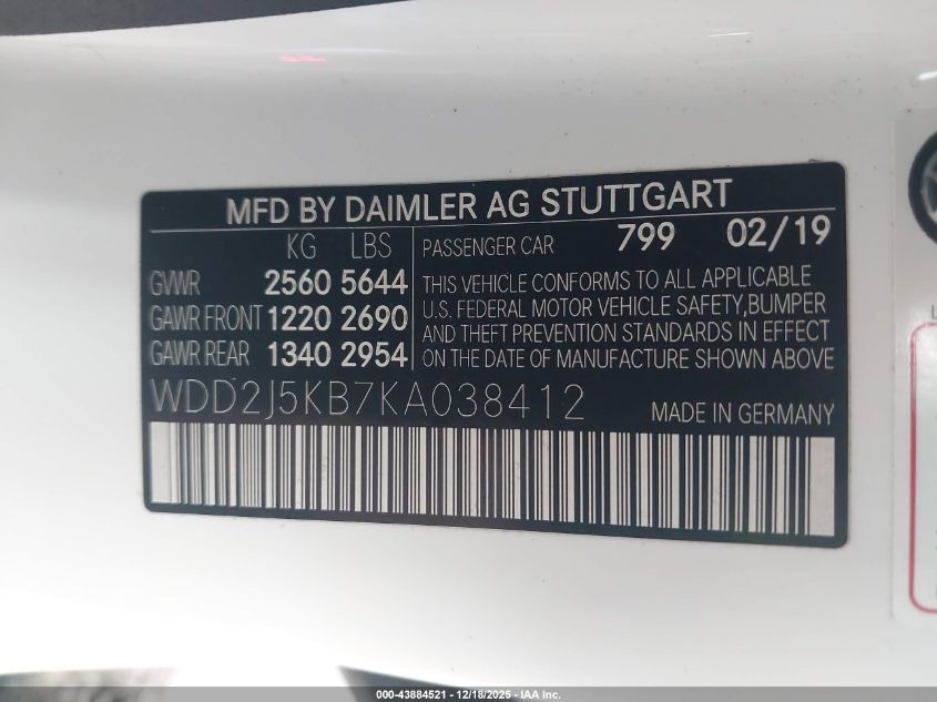 2019 Mercedes-Benz Cls 450 4Matic VIN: WDD2J5KB7KA038412 Lot: 43884521