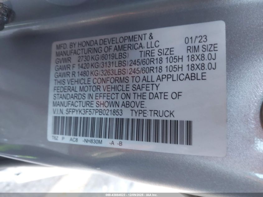 2023 Honda Ridgeline Rtl VIN: 5FPYK3F57PB021853 Lot: 43884523