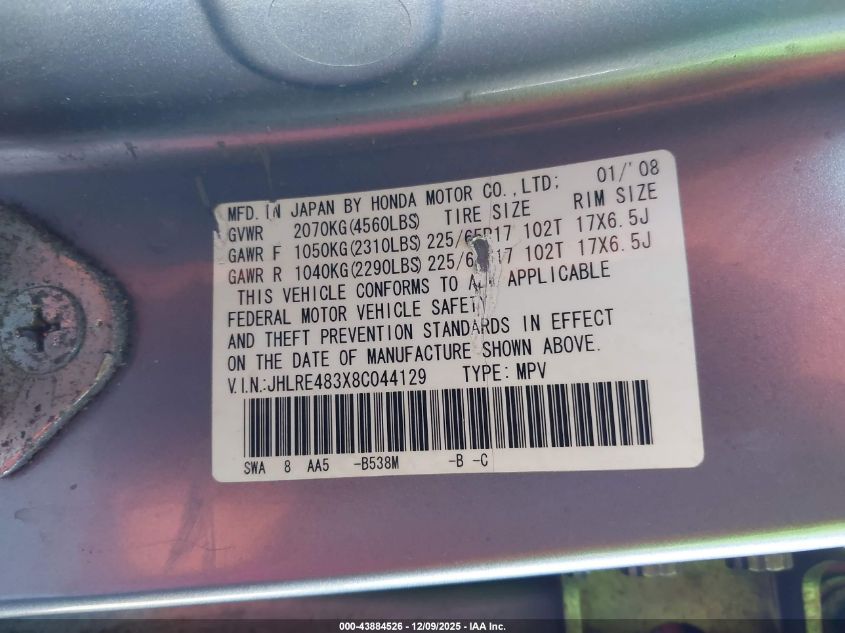 2008 Honda Cr-V Lx VIN: JHLRE483X8C044129 Lot: 43884526