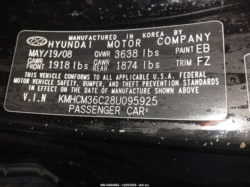 2008 Hyundai Accent Gs VIN: KMHCM36C28U095925 Lot: 43884562