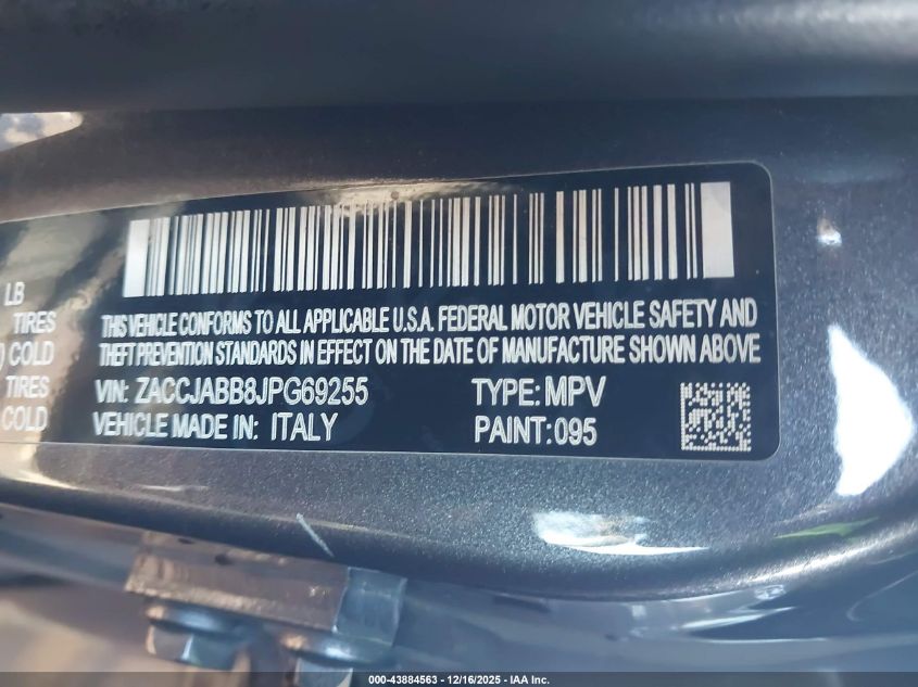 2018 Jeep Renegade Altitude Fwd VIN: ZACCJABB8JPG69255 Lot: 43884563