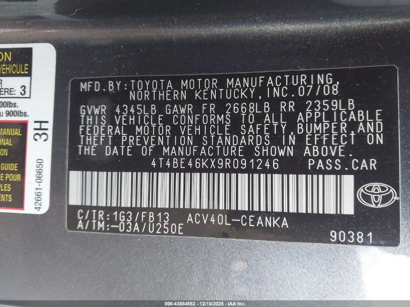 2009 Toyota Camry Le VIN: 4T4BE46KX9R091246 Lot: 43884582