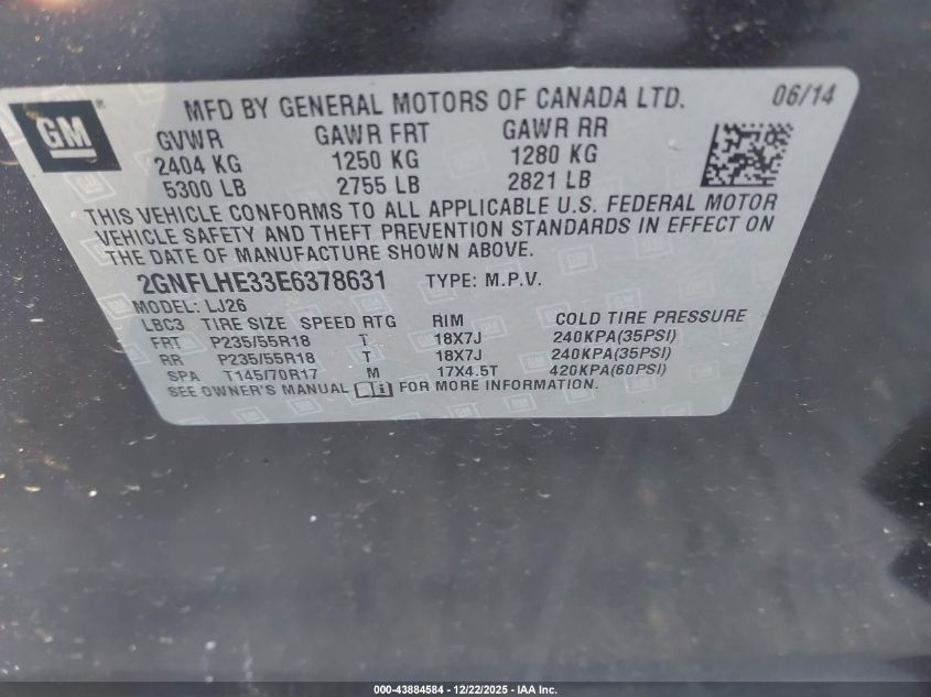 2014 Chevrolet Equinox Ltz VIN: 2GNFLHE33E6378631 Lot: 43884584