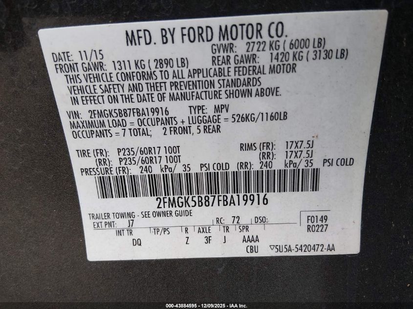 2015 Ford Flex Se VIN: 2FMGK5B87FBA19916 Lot: 43884595