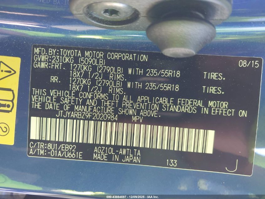 2015 Lexus Nx 200T F Sport VIN: JTJYARBZ9F2020984 Lot: 43884597