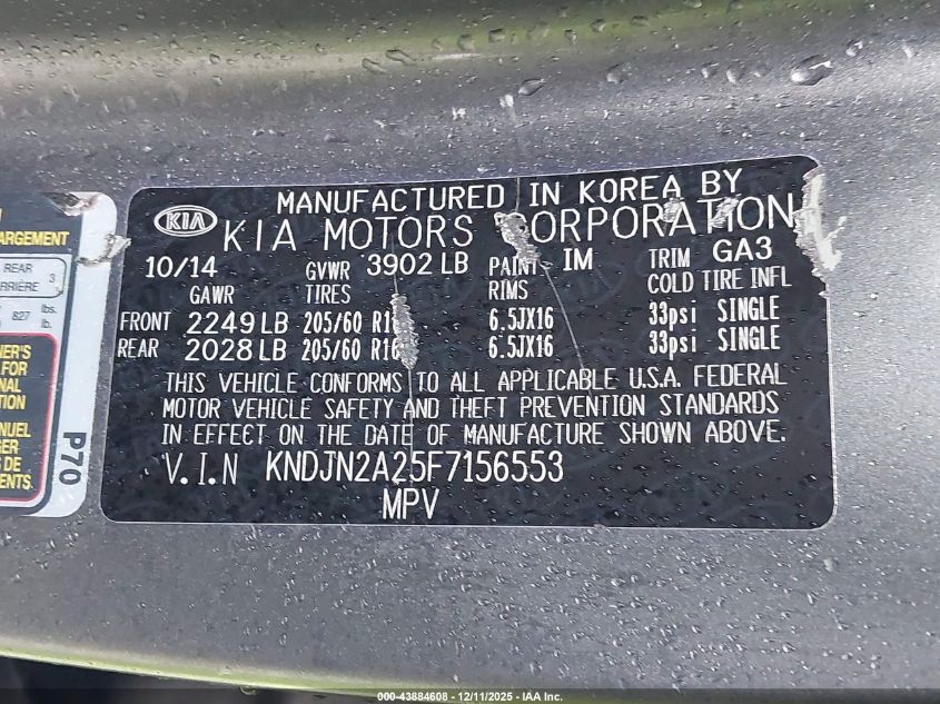 2015 Kia Soul VIN: KNDJN2A25F7156553 Lot: 43884608