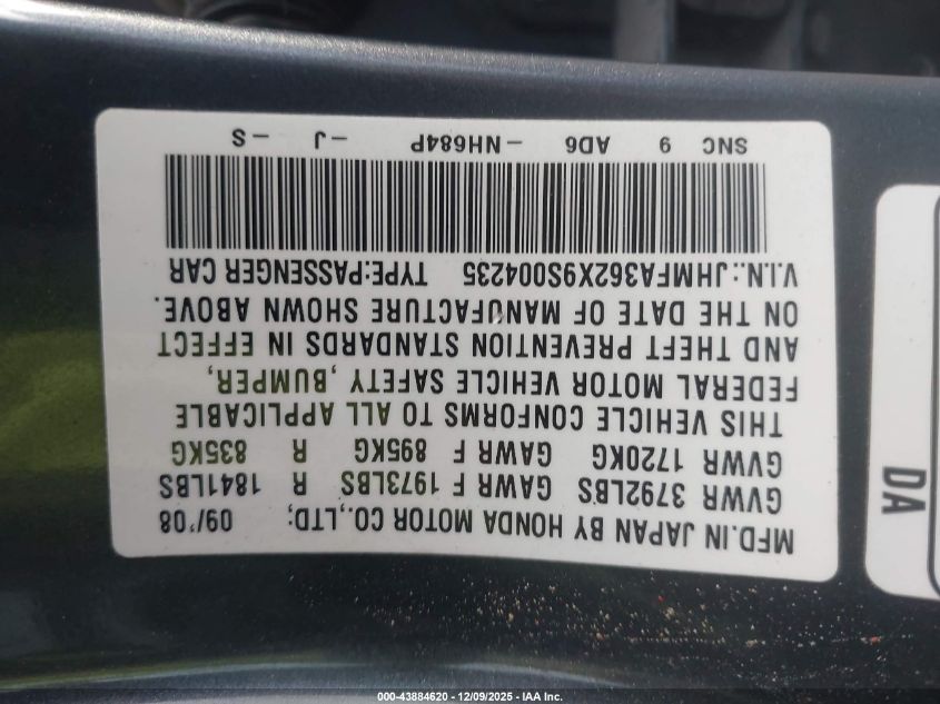 2009 Honda Civic Hybrid VIN: JHMFA362X9S004235 Lot: 43884620