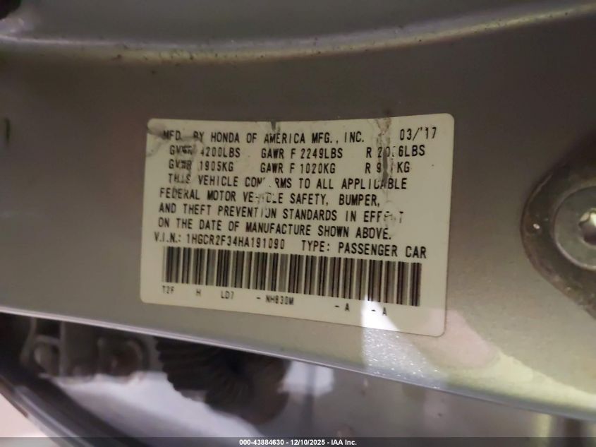 2017 Honda Accord Lx VIN: 1HGCR2F34HA191090 Lot: 43884630