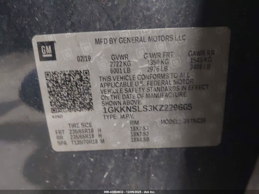 2019 GMC Acadia Sle-2 VIN: 1GKKNSLS3KZ229665 Lot: 43884632